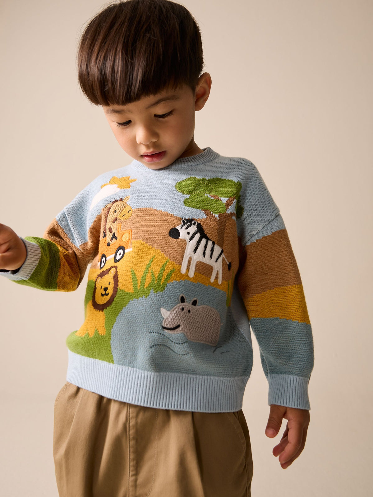 Blue/Orange Safari Character Knitted Crew Neck Jumper (3mths-7yrs)
