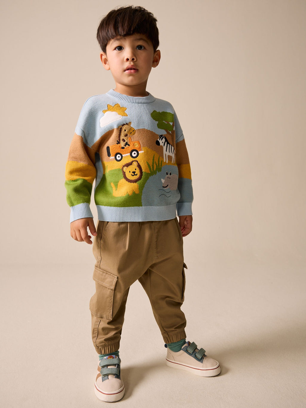 Blue/Orange Safari Character Knitted Crew Neck Jumper (3mths-7yrs)