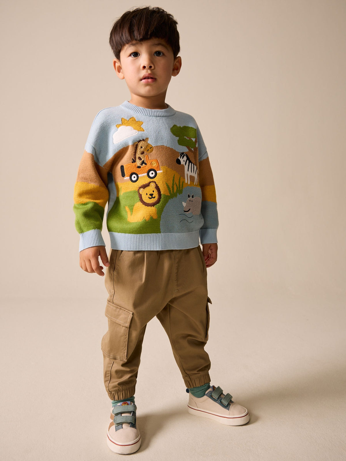 Blue/Orange Safari Character Knitted Crew Neck Jumper (3mths-7yrs)