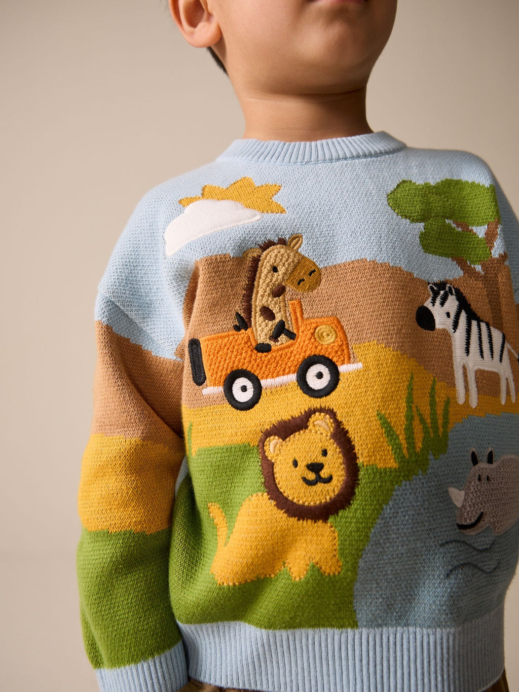 Blue/Orange Safari Character Knitted Crew Neck Jumper (3mths-7yrs)