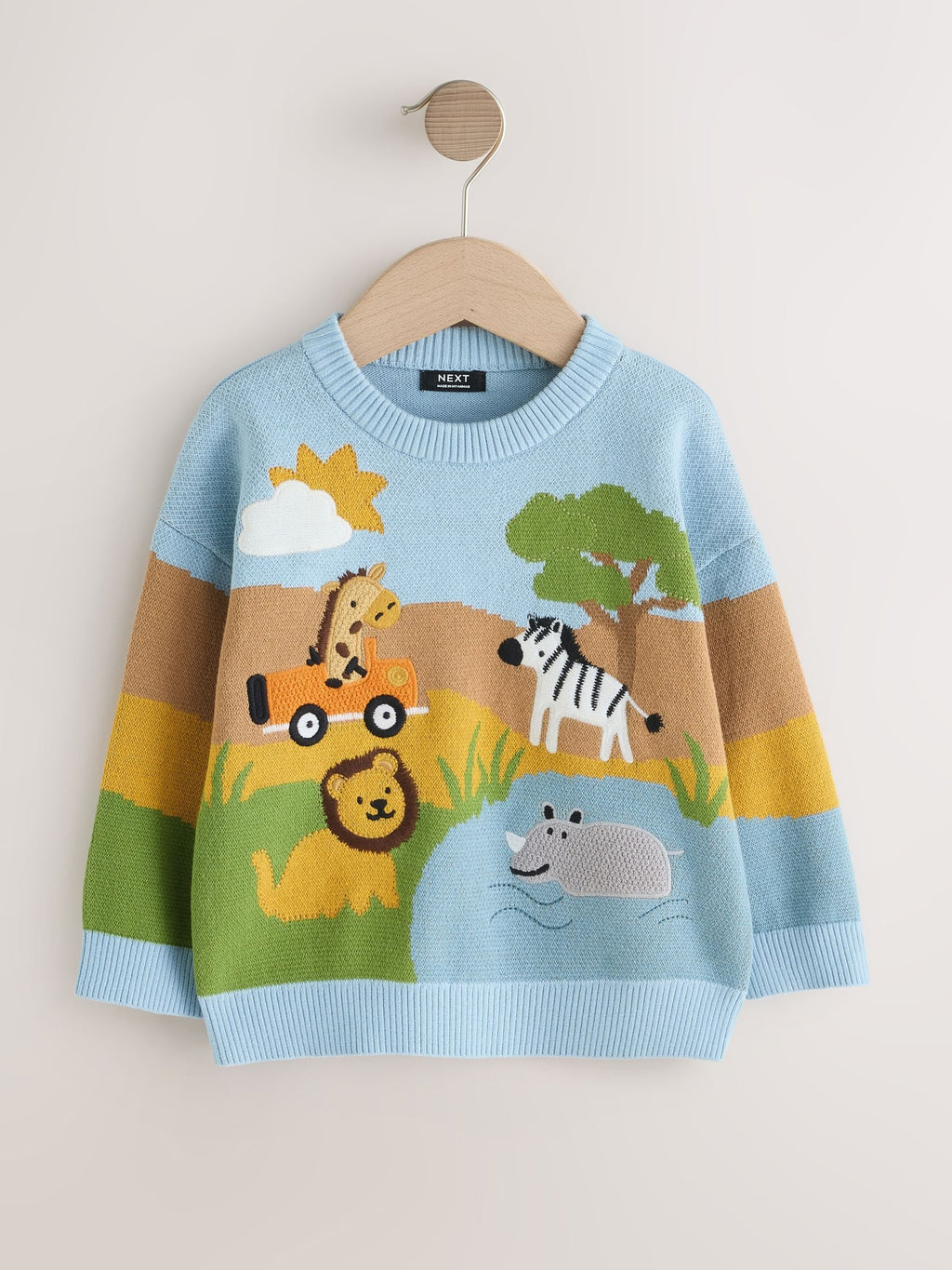 Blue/Orange Safari Character Knitted Crew Neck Jumper (3mths-7yrs)