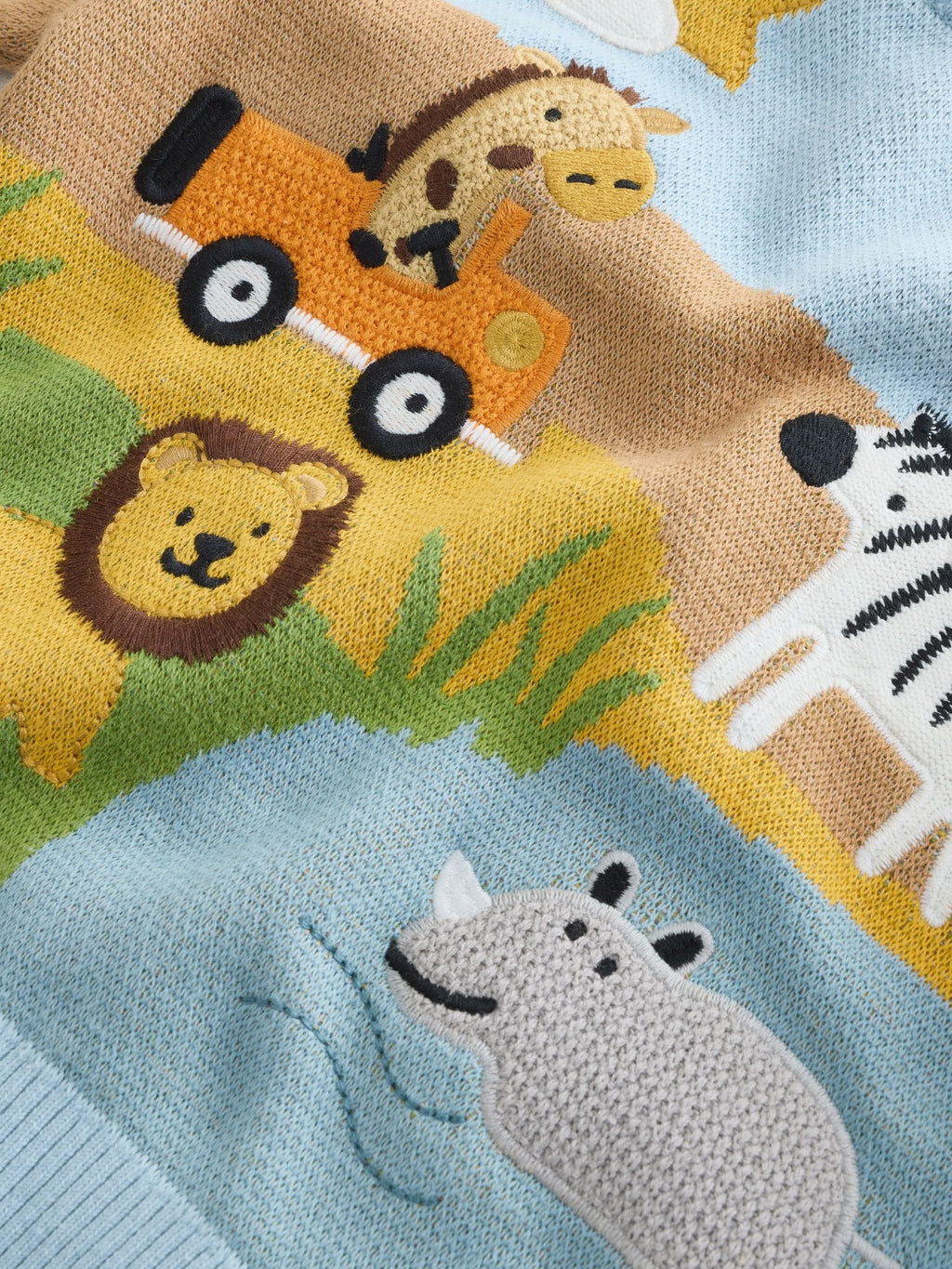 Blue/Orange Safari Character Knitted Crew Neck Jumper (3mths-7yrs)