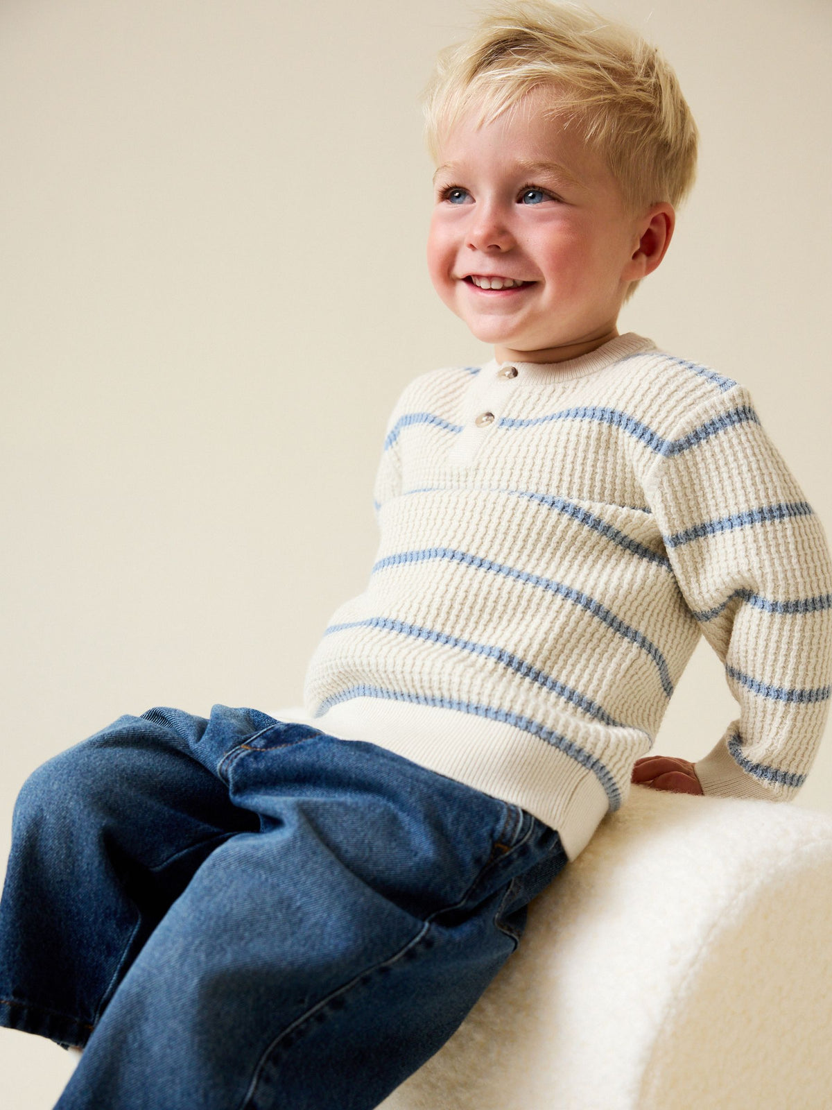 Ecru/Blue Knitted Stripe Henley Jumper (3mths-7yrs)