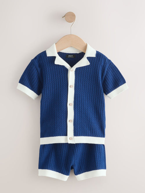 Navy Blue Knitted Polo Shirt and Shorts Set (3mths-10yrs)