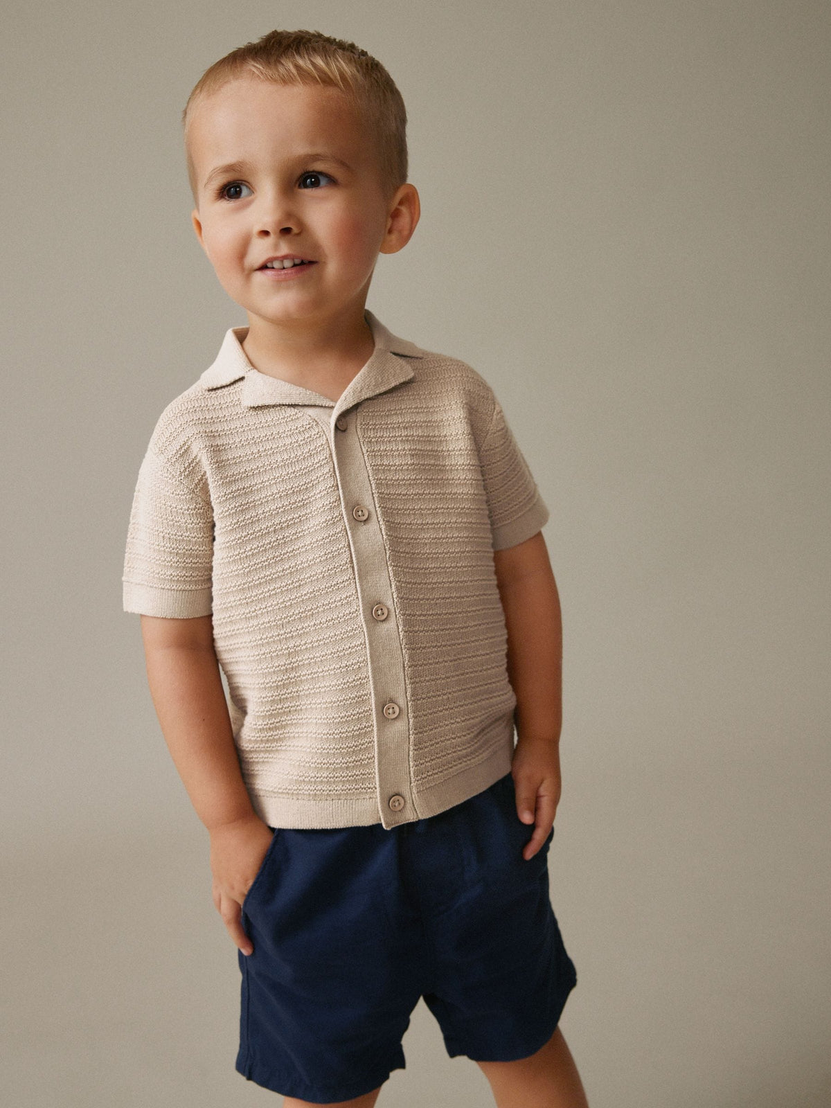 Neutral Revere Collar Short Sleeve Knitted Polo Shirt (3mths-7yrs)
