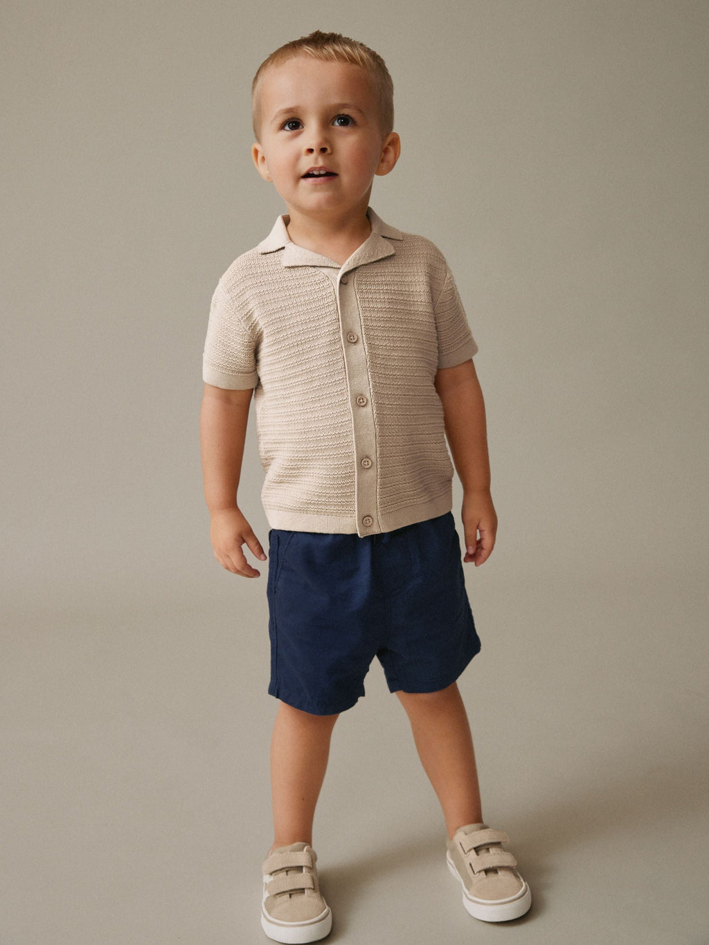 Neutral Revere Collar Short Sleeve Knitted Polo Shirt (3mths-7yrs)