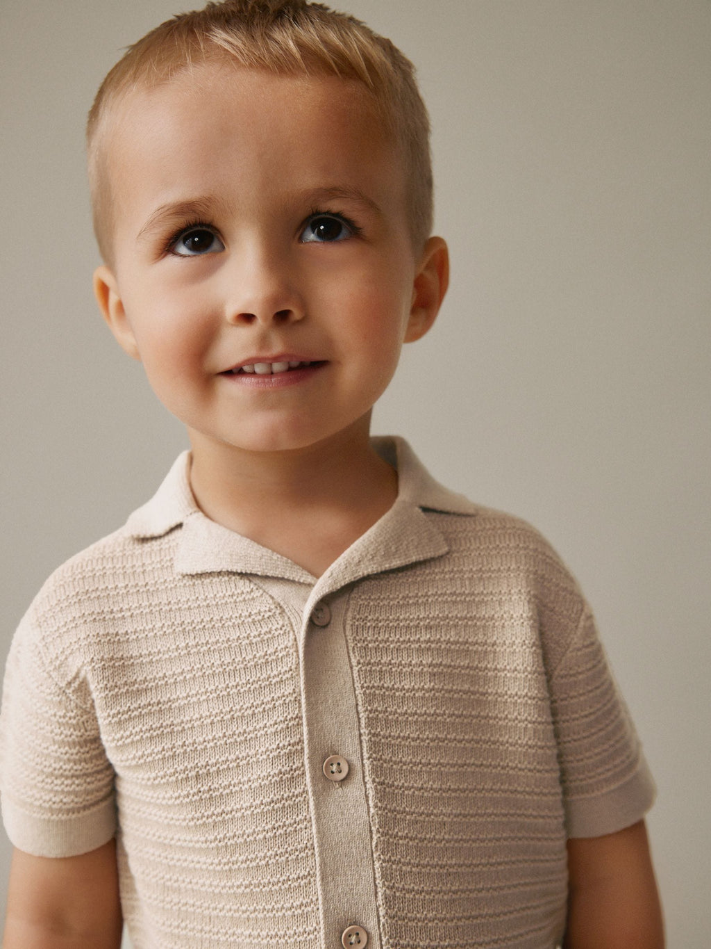 Neutral Revere Collar Short Sleeve Knitted Polo Shirt (3mths-7yrs)