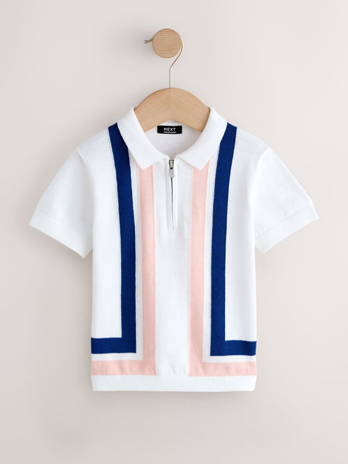 White 100% Cotton Knitted Zip Neck Polo Shirt (3mths-7yrs)