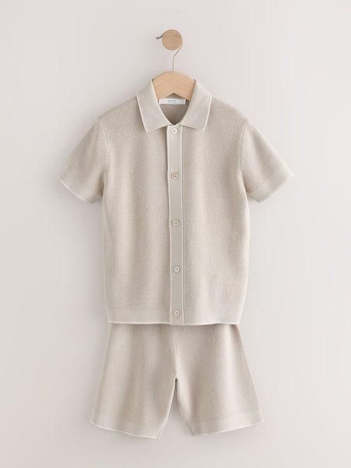Neutral Textured Knitted Polo Shirt and Shorts Set (3-16yrs)