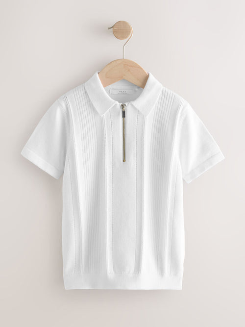 White Knitted Zip Neck Polo Shirt (3-16yrs)