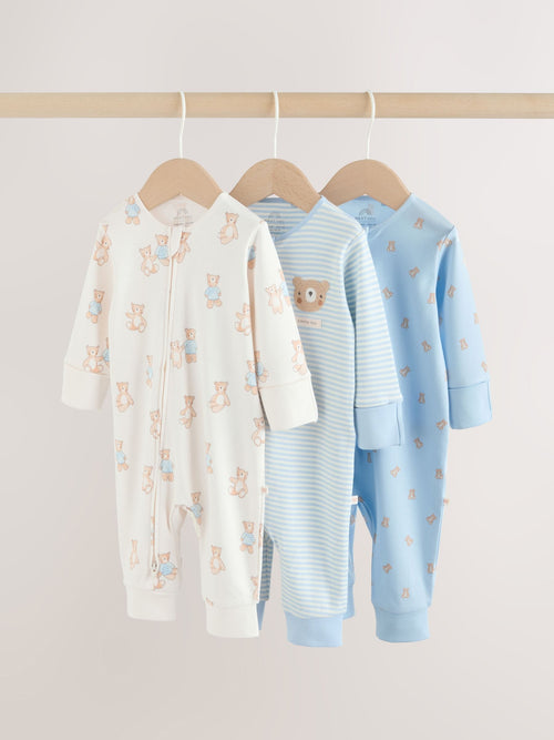 Blue Bear Way Zip Baby Sleepsuits 3 Pack (0mths-3yrs)