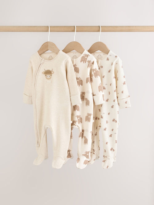 Neutral Hamish Two Way Zip Baby Sleepsuits 3 Pack (0-2yrs)