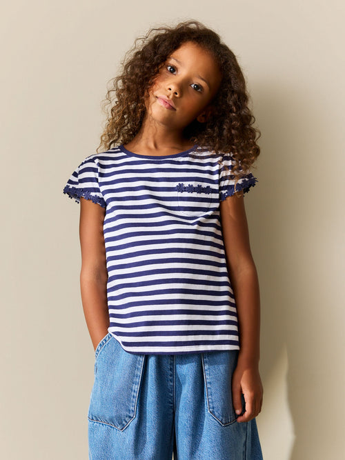 Navy/White Stripe Daisy Pocket T-Shirt (12mths-16yrs)