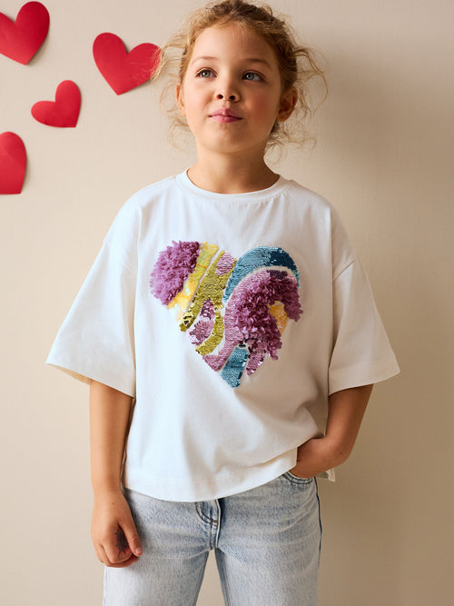 White Boxy Sequin Heart T-Shirt (3-16yrs)