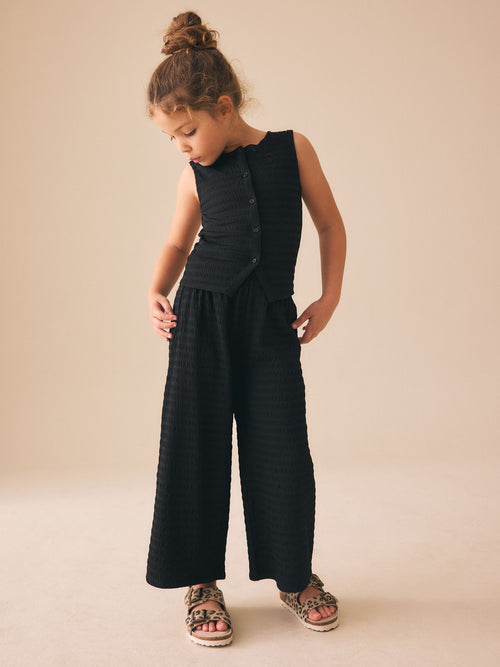 Black Textured Waistcoat Wide Leg Set (3-16yrs)