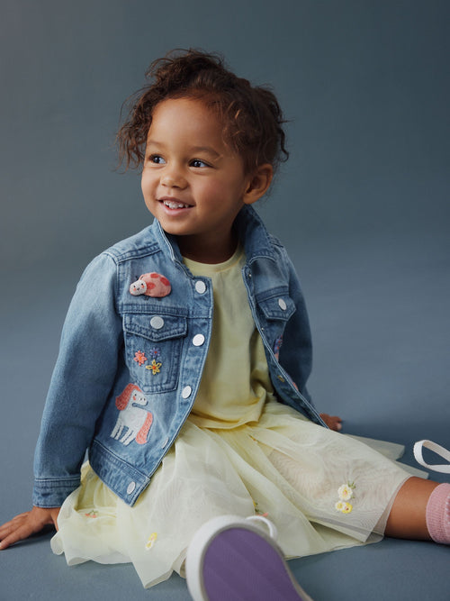 Mid Blue Denim Unicorn Embroidered Western Jacket (3mths-7yrs)