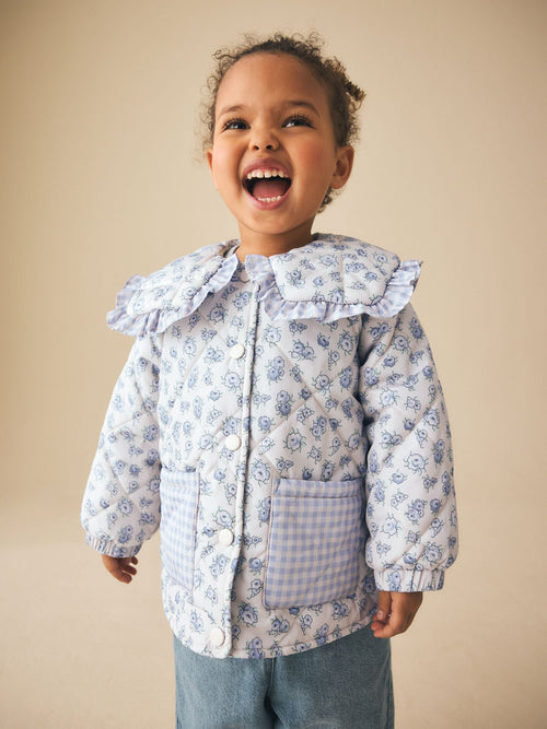 Blue/White Shower Resistant Frill Collar Quilted Jacket (3mths-7yrs)