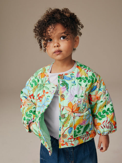 Green Floral Printed Quilted Jacket (3mths-7yrs)