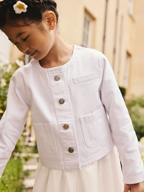 White Collarless Denim Jacket (3-16yrs)