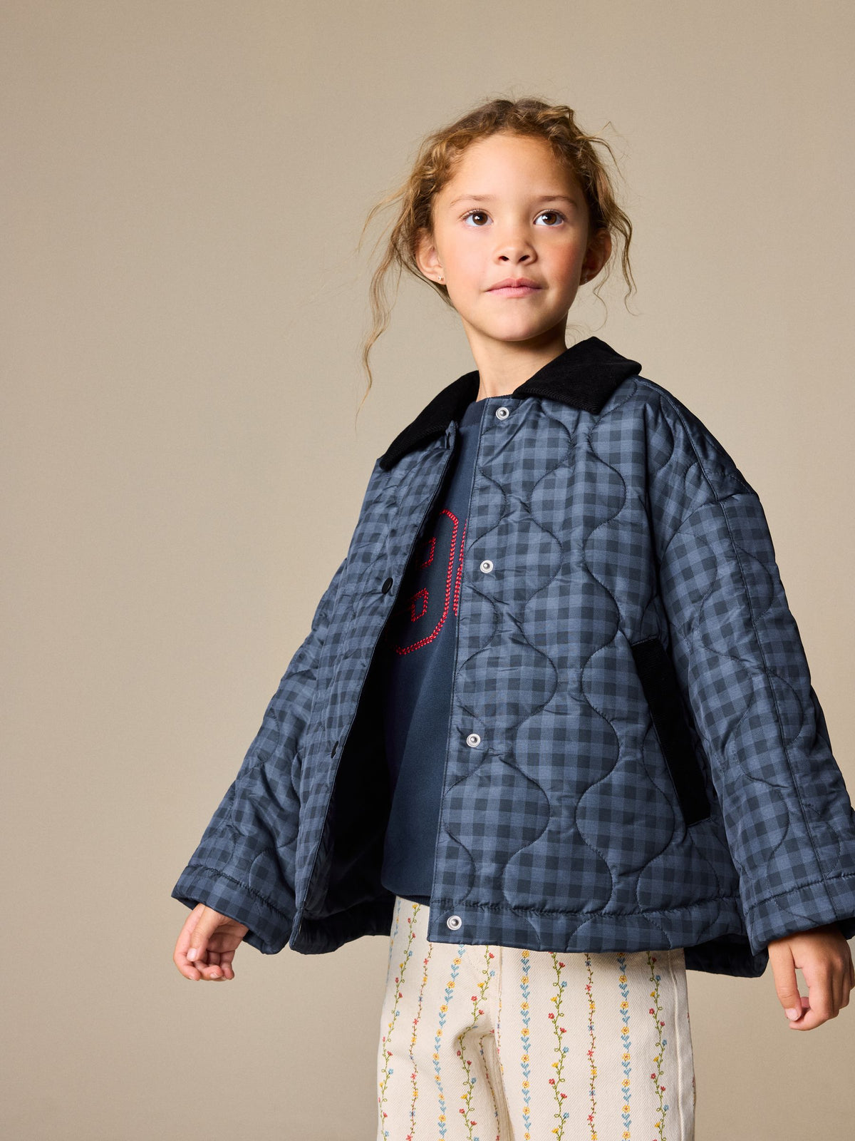 Navy Check Shower Resistant Quilted Barn Jacket (3-16yrs)