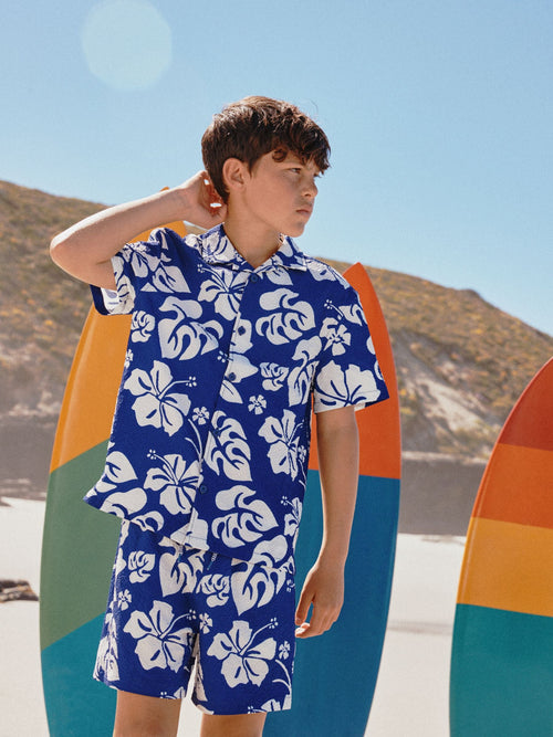 Navy Hawaiian Print Swim Shorts and Shirt Set (3-16yrs)