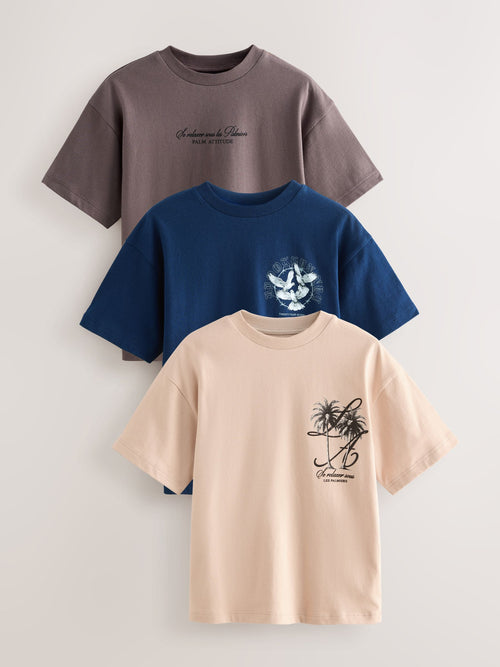 Navy/Stone/Brown Relaxed Fit Graphic Print Short Sleeve T-Shirts 3 Pack (3-16yrs)