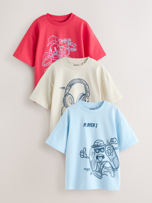 Red/Blue/Cement Relaxed Fit Graphic Print Short Sleeve T-Shirts 3 Pack (3-16yrs)