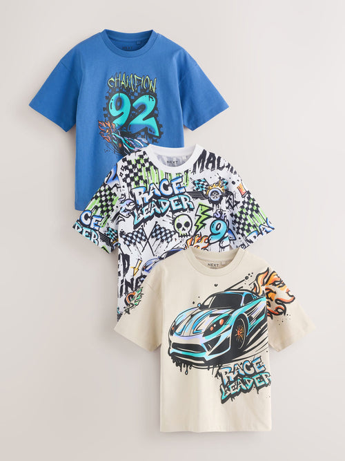 Blue/Ecru/White Relaxed Fit Graphic Print Short Sleeve T-Shirts 3 Pack (3-16yrs)