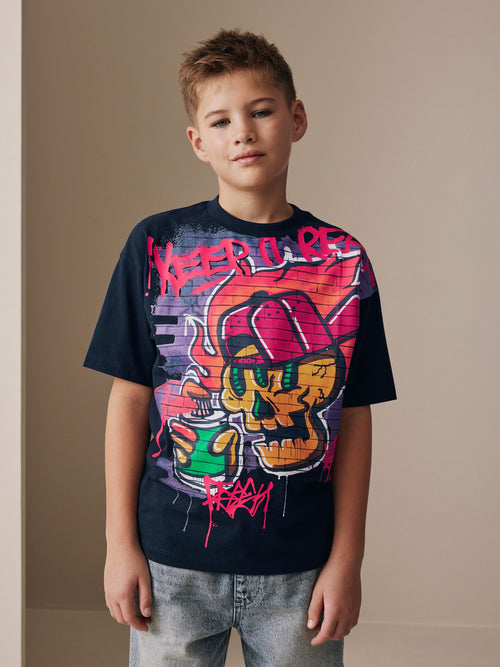 Navy Graffiti Skull Short Sleeve Graphic T-Shirt (3-16yrs)