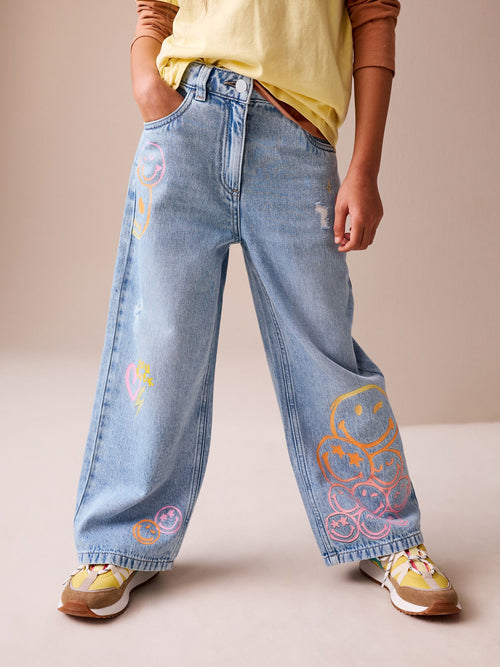 Mid Blue SmileyWorld® Print Wide Leg Jeans (3-16yrs)