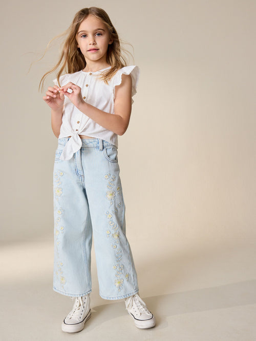 Light Blue Floral Embroidered Wide Leg Jeans (3-16yrs)