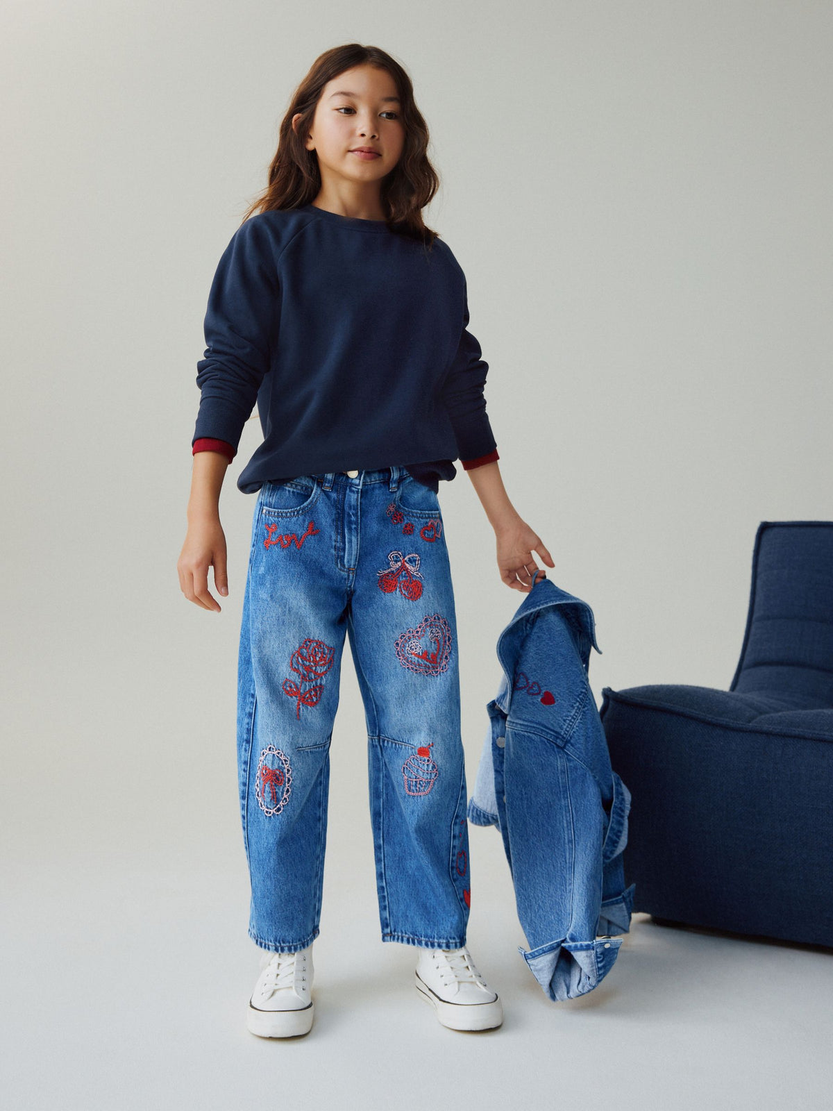 Mid Blue Embroidered Barrel Jeans (3-16yrs)