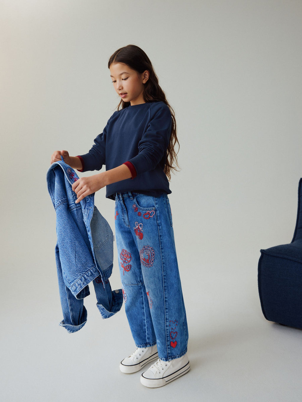 Mid Blue Embroidered Barrel Jeans (3-16yrs)