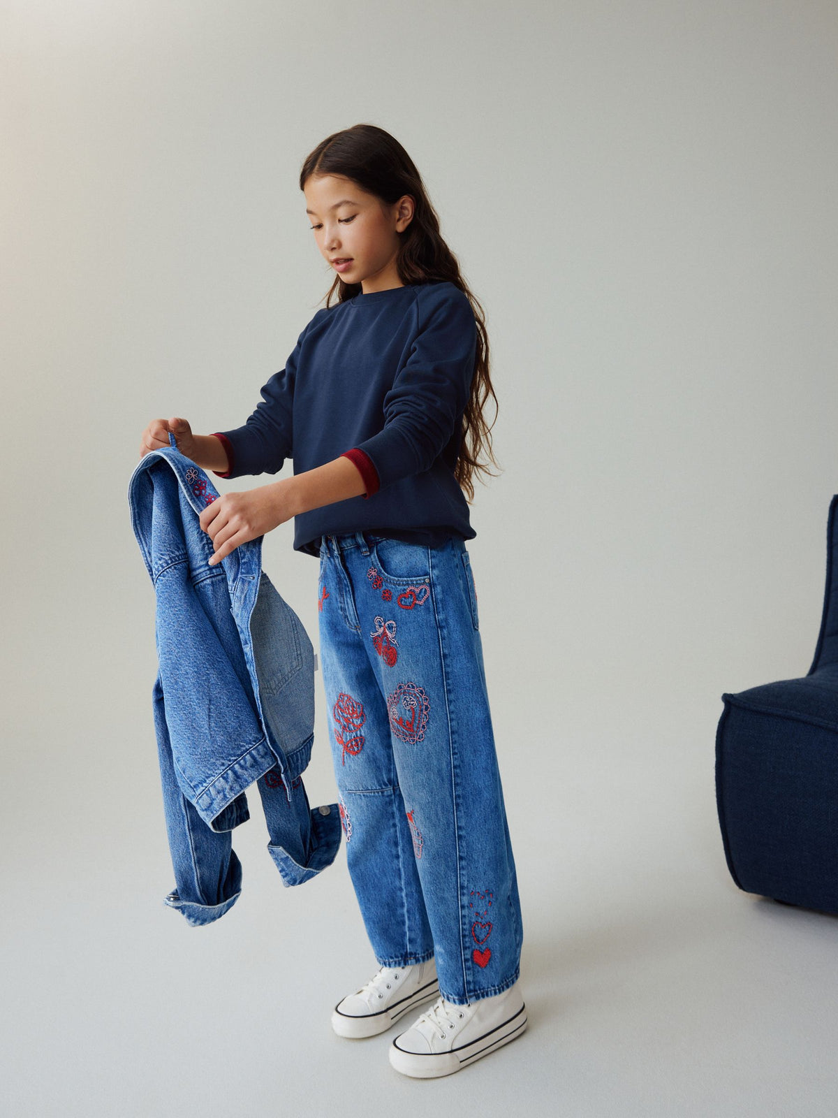 Mid Blue Embroidered Barrel Jeans (3-16yrs)