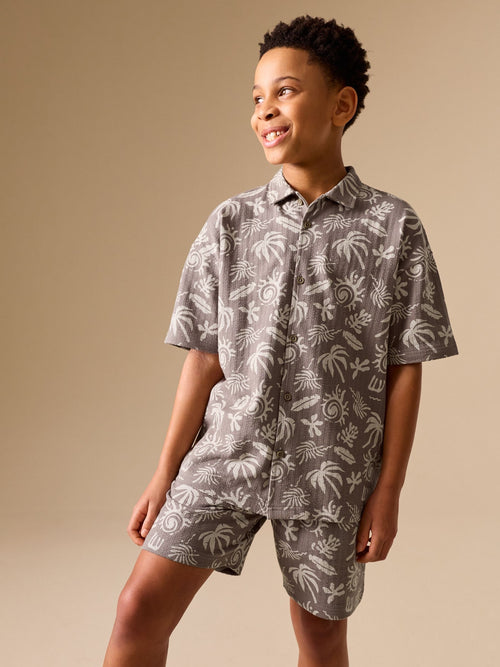 Brown/Ecru Printed Revere Button Through Shirt and Shorts Set (3-16yrs)