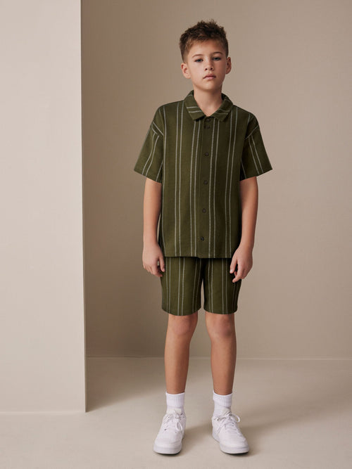 Khaki Green Stripe Revere Button Through Shirt and Shorts Set (3-16yrs)