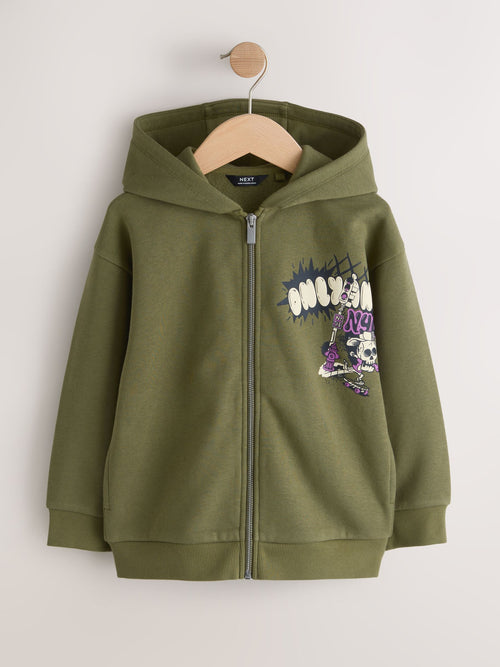 Khaki Green Graffiti Graphic Zip Through Hoodie (3-16yrs)