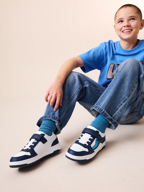 White/Blue Touch Fastening Elastic Lace Trainers