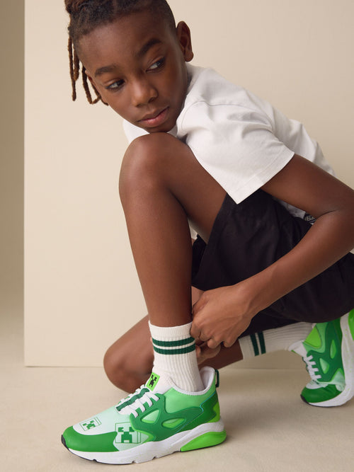 Green/White Standard Fit (F) Minecraft Elastic Lace Trainers