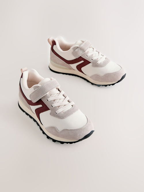 White/Burgundy Standard Fit (F) One Strap Elastic Lace Trainers