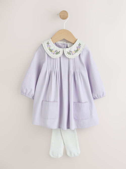 Purple Woven Collar Baby Dress with Tights (0mths-2yrs)