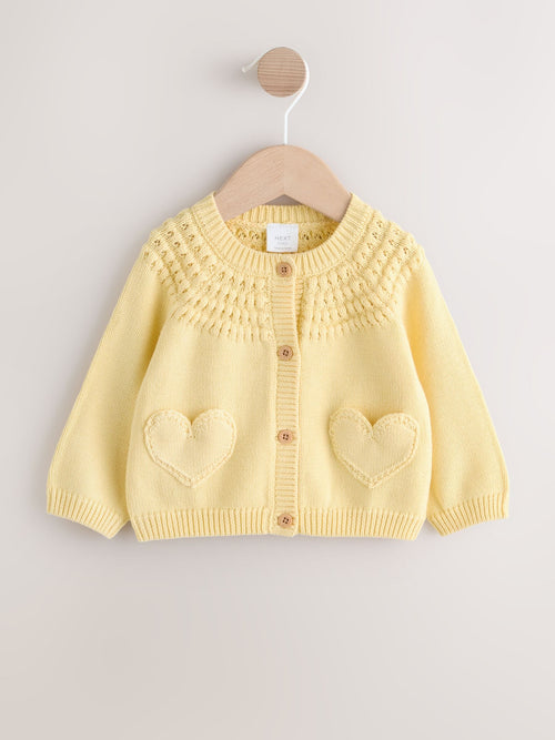 Yellow Heart Pocket Button Through Baby Cardigan (0mths-2yrs)