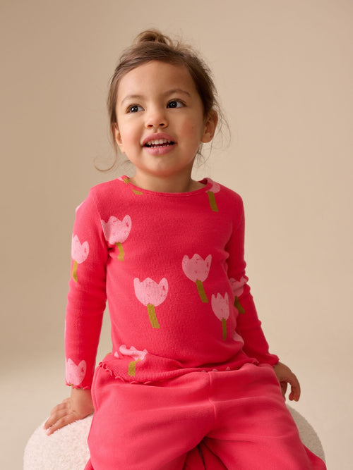 Pink/Red Flower Rib Long Sleeve T-Shirt (3mths-7yrs)