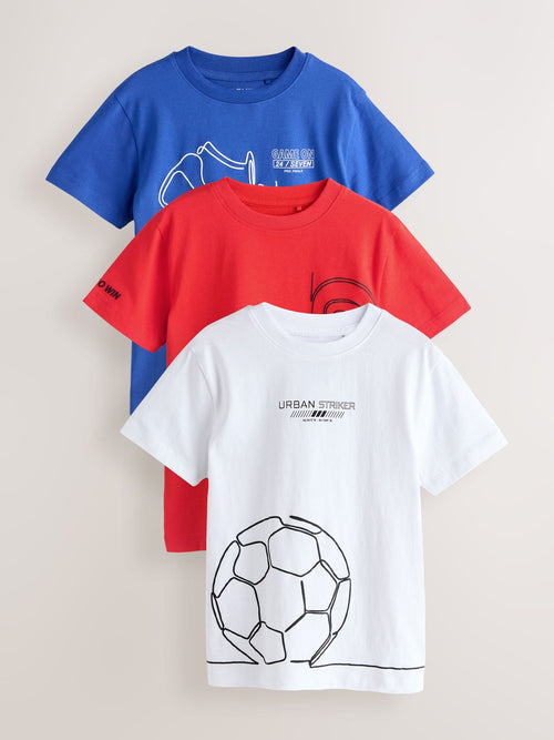 Red/Blue/White Football Regular Fit Graphic Print Short Sleeve T-Shirts 3 Pack (3-16yrs)