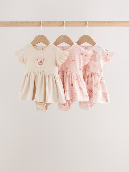 Pink Bear Embroidered Jersey Baby Rompers 3 Pack