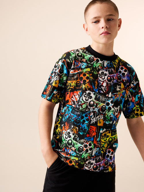 Black Graffiti Controller Relaxed Fit Short Sleeve All-Over Print T-Shirt (3-16yrs)