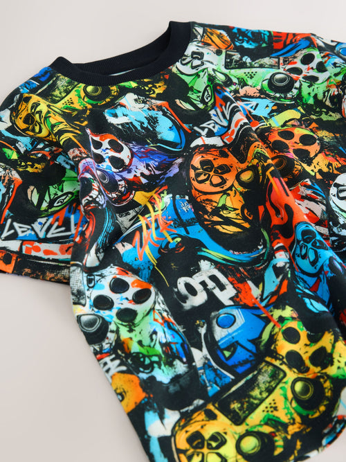 Black Graffiti Controller Relaxed Fit Short Sleeve All-Over Print T-Shirt (3-16yrs)