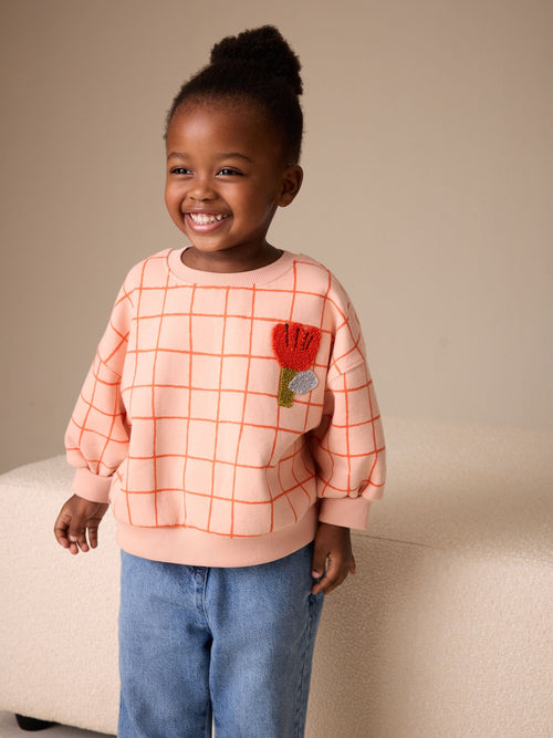 Peach Pink Grid Crew Neck Sweatshirt (3mths-7yrs)