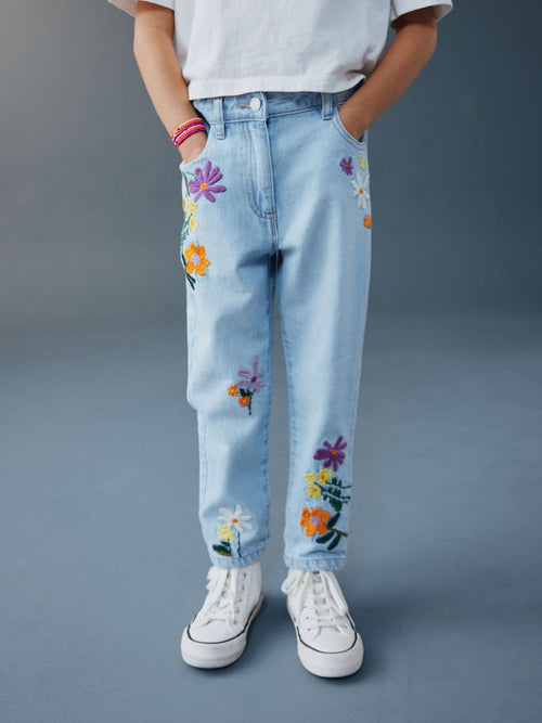 Light Blue Floral Embroidered Jeans (3-16yrs)