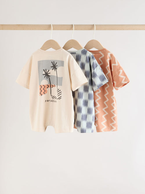 Neutral Sunbaked Printed Button Through Jersey Baby Rompers 3 Pack